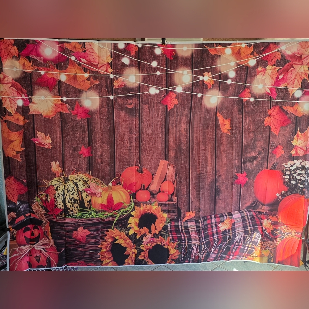 Autumn Harvest Backdrop with Pumpkins and Sunflowers. 7'x5'